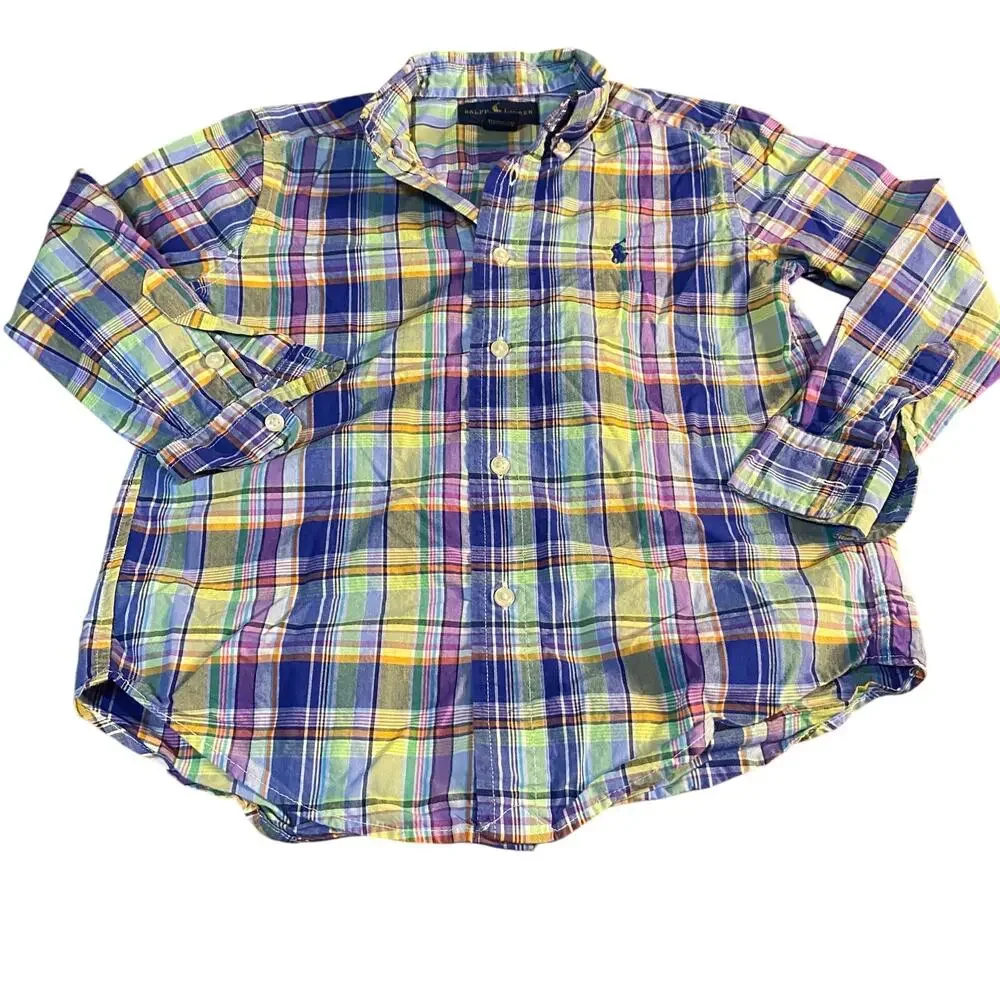 Ralph Lauren pastel plaid‎ long sleeve button up boys dress shirt SIZE 5